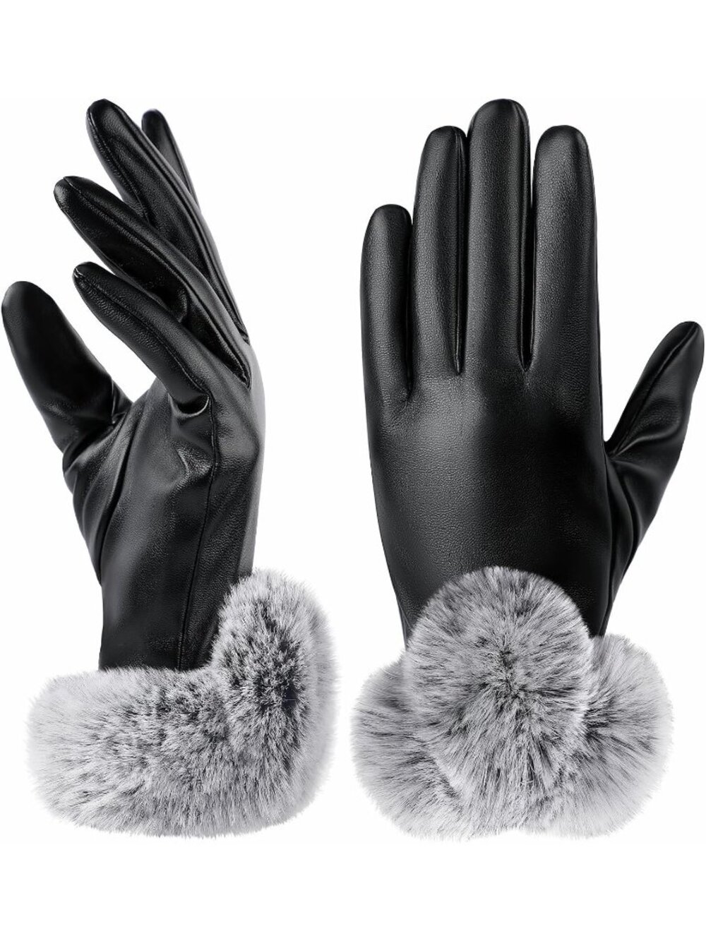 Women's Black M Windproof Touch Screen PU Soft Plush Leather Winter Gloves